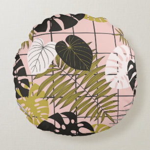 Tropical leaves, flowers, hand-painted pattern. round cushion