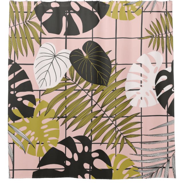 Tropical leaves, flowers, hand-painted pattern. shower curtain (Front)