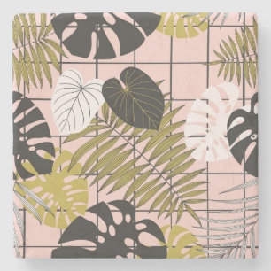 Tropical leaves, flowers, hand-painted pattern. stone coaster