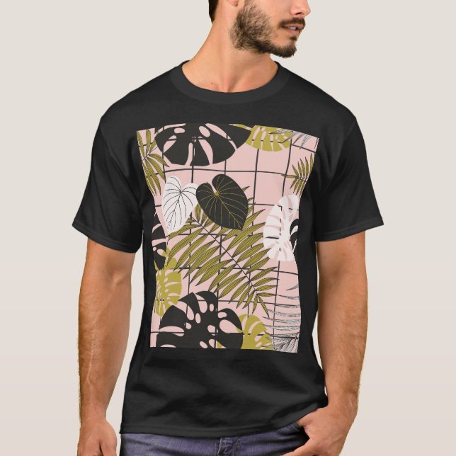 Tropical leaves, flowers, hand-painted pattern. T-Shirt (Front)