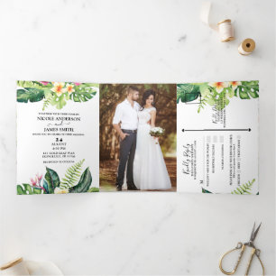 Tropical Leaves & Flowers Island Beach Wedding Tri-Fold Invitation