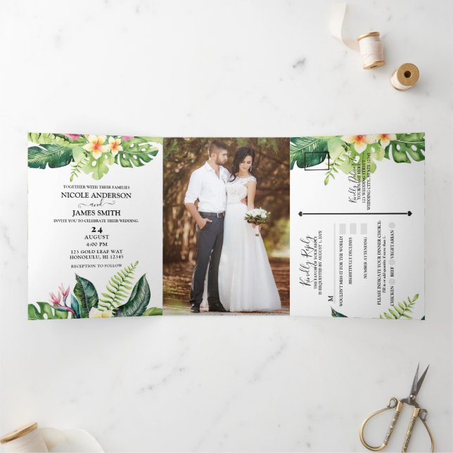 Tropical Leaves & Flowers Island Beach Wedding  Tri-Fold Invitation (Inside)
