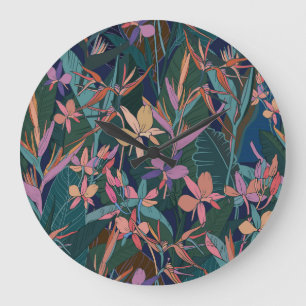 Tropical leaves, flowers: lined vintage. large clock