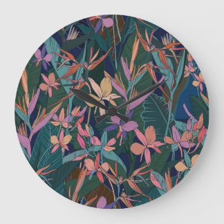 Tropical leaves, flowers: lined vintage. large clock
