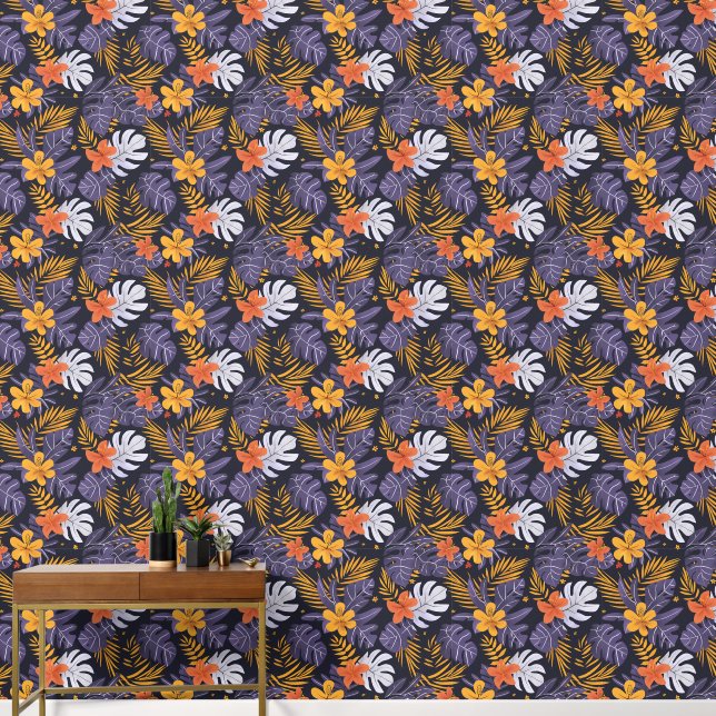 Tropical Leaves Flowers Purple Orange Yellow White Wallpaper (Hallway)
