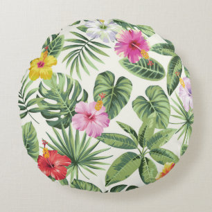 Tropical leaves, flowers, seamless vintage pattern round cushion