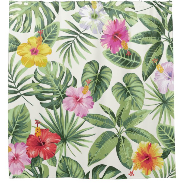Tropical leaves, flowers, seamless vintage pattern shower curtain (Front)