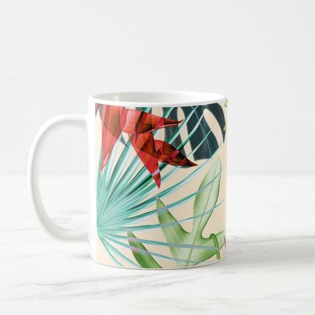 Tropical Leaves & Flowers: Vibrant Pattern Coffee Mug (Left)
