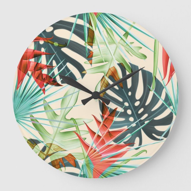 Tropical Leaves & Flowers: Vibrant Pattern Large Clock (Front)