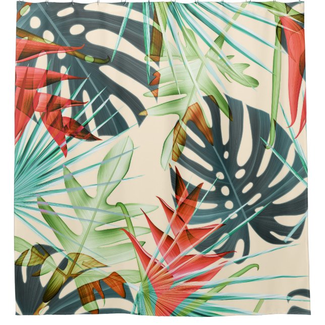 Tropical Leaves & Flowers: Vibrant Pattern Shower Curtain (Front)