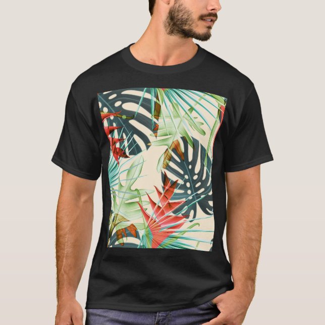 Tropical Leaves & Flowers: Vibrant Pattern T-Shirt (Front)