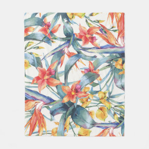 Tropical Leaves Flowers Vintage Botanical Fleece Blanket