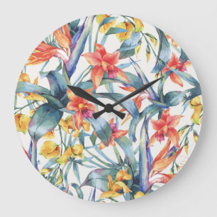 Tropical Leaves Flowers Vintage Botanical Large Clock