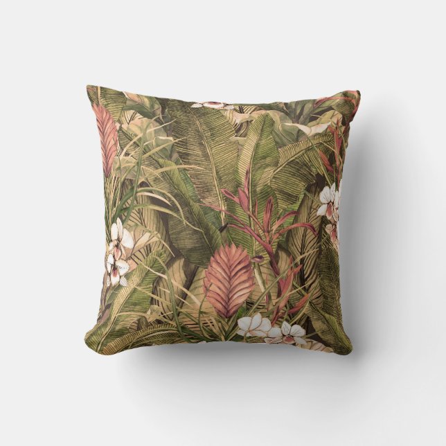 Tropical Leaves Flowers Watercolor Pattern Cushion (Front)