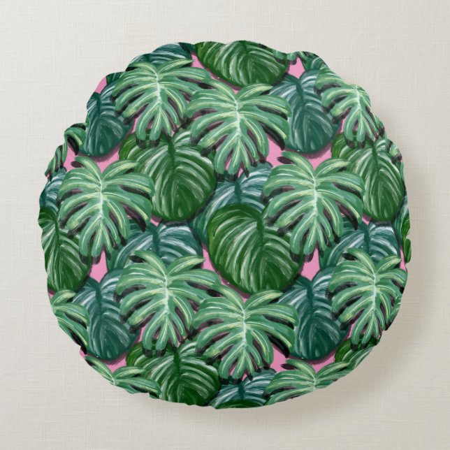 Tropical Leaves Foliage Green & Lush Round Cushion (Front)