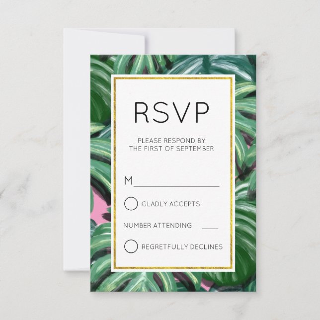 Tropical Leaves Foliage Green & Lush Simple RSVP (Front)