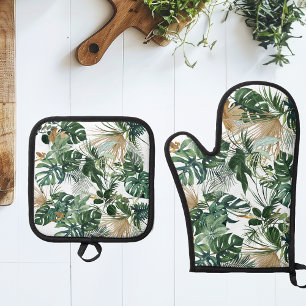 Tropical Leaves Foliage Leaf Green Oven Mitt & Pot Holder Set