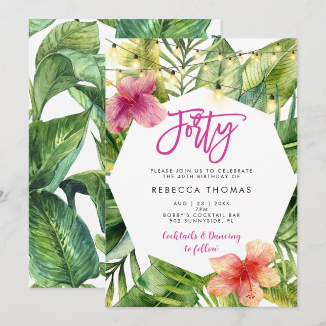 Tropical leaves forty birthday party invitation (Front/Back)