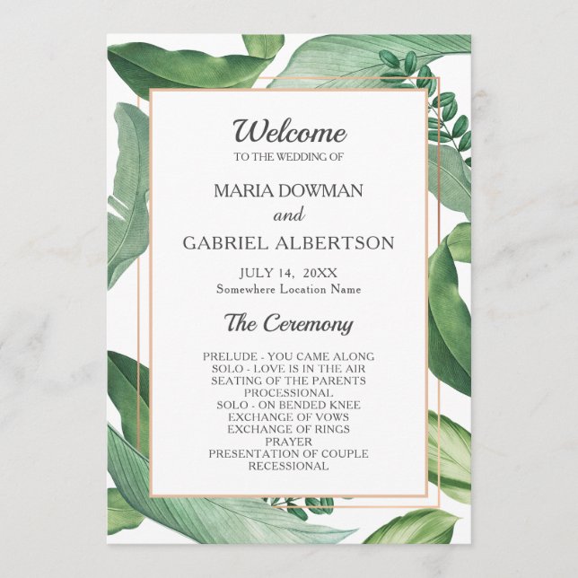 Tropical leaves Frame. Botanical Wedding Programme (Front)