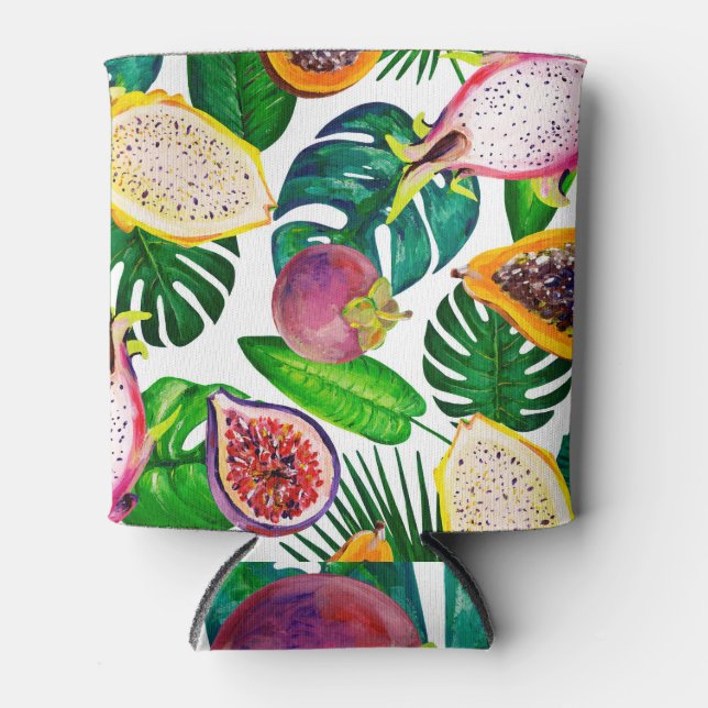 Tropical leaves, fruits, gouache seamless pattern. can cooler (Front)