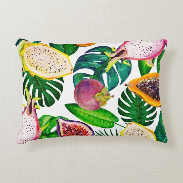 Tropical leaves, fruits, gouache seamless pattern. decorative cushion (Front)