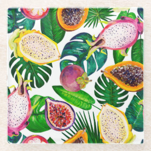 Tropical leaves, fruits, gouache seamless pattern. glass coaster