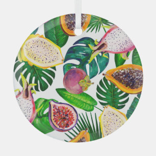 Tropical leaves, fruits, gouache seamless pattern. glass tree decoration