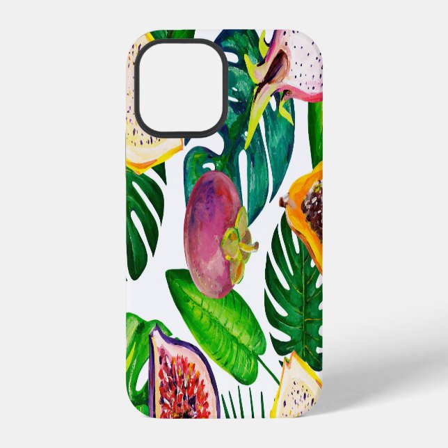 Tropical leaves, fruits, gouache seamless pattern. iPhone case (Back)
