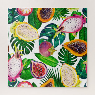 Tropical leaves, fruits, gouache seamless pattern. jigsaw puzzle