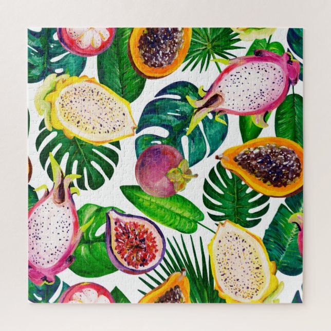 Tropical leaves, fruits, gouache seamless pattern. jigsaw puzzle (Vertical)