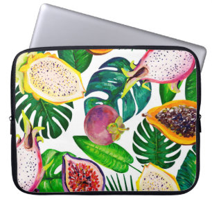 Tropical leaves, fruits, gouache seamless pattern. laptop sleeve