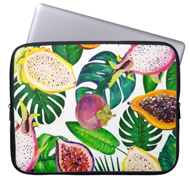 Tropical leaves, fruits, gouache seamless pattern. laptop sleeve (Front)