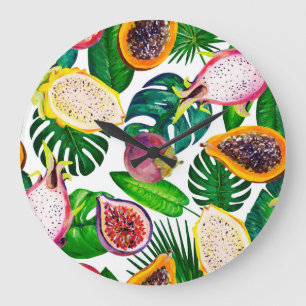 Tropical leaves, fruits, gouache seamless pattern. large clock