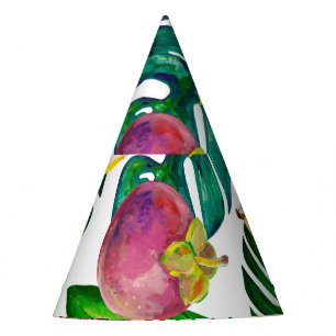 Tropical leaves, fruits, gouache seamless pattern. party hat