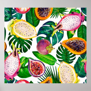 Tropical leaves, fruits, gouache seamless pattern. poster
