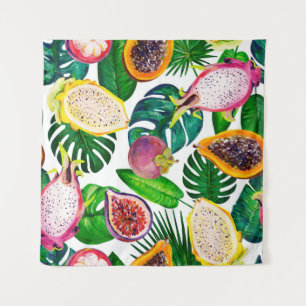 Tropical leaves, fruits, gouache seamless pattern. tapestry