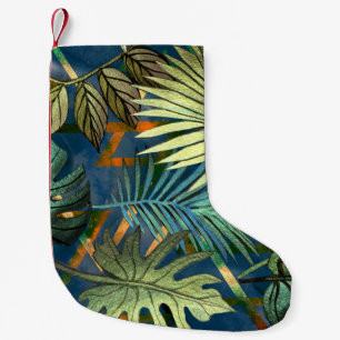 Tropical leaves, geometric shapes pattern small christmas stocking
