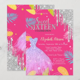Tropical Leaves Glitter Dress Pink Sweet 16 Invitation