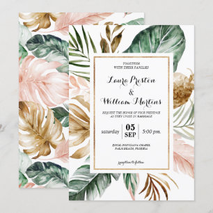 Tropical Leaves Glitter Geometric Frame Wedding Invitation