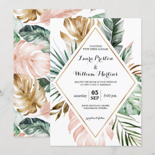 Tropical Leaves Glitter Geometric Frame Wedding Invitation