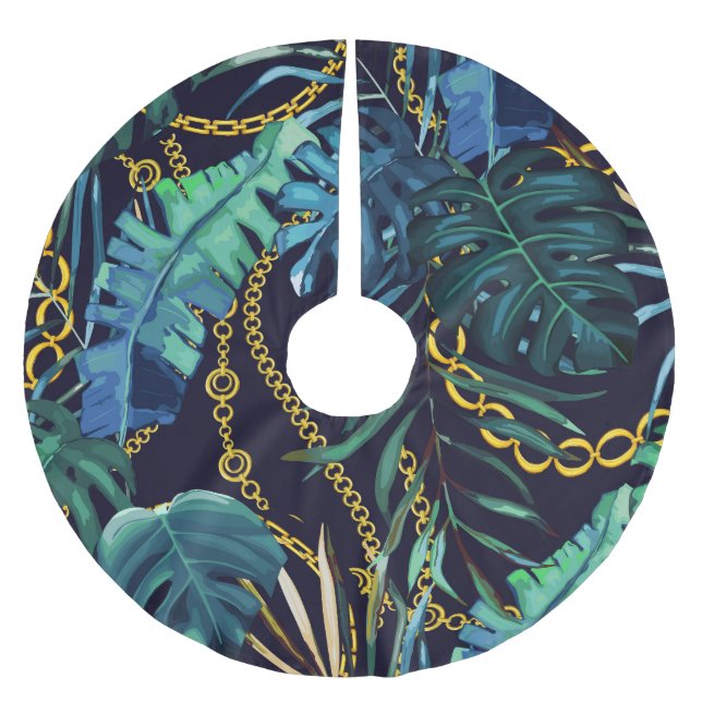 Tropical leaves, gold chains, seamless. brushed polyester tree skirt (Front)