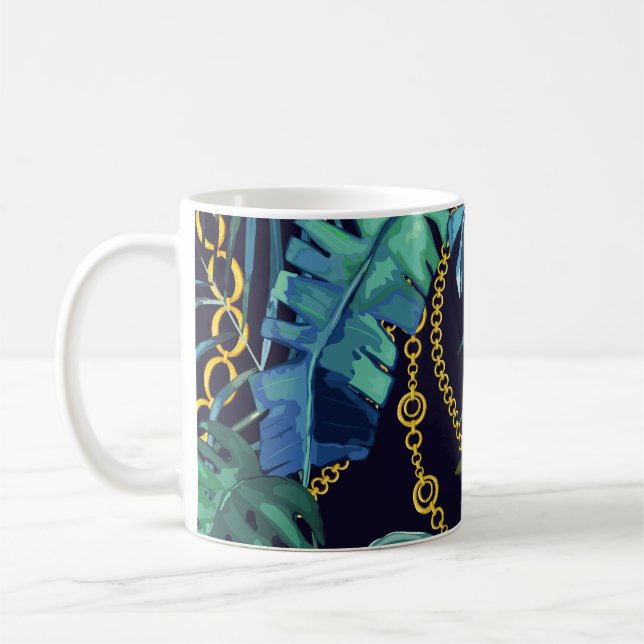 Tropical leaves, gold chains, seamless. coffee mug (Left)