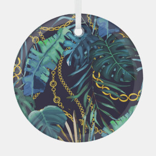 Tropical leaves, gold chains, seamless. glass tree decoration