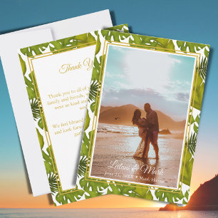 Tropical Leaves Gold Destination Wedding Photo  Thank You Card