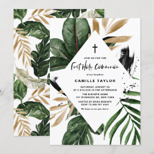 Tropical Leaves Gold Foil First Holy Communion Invitation