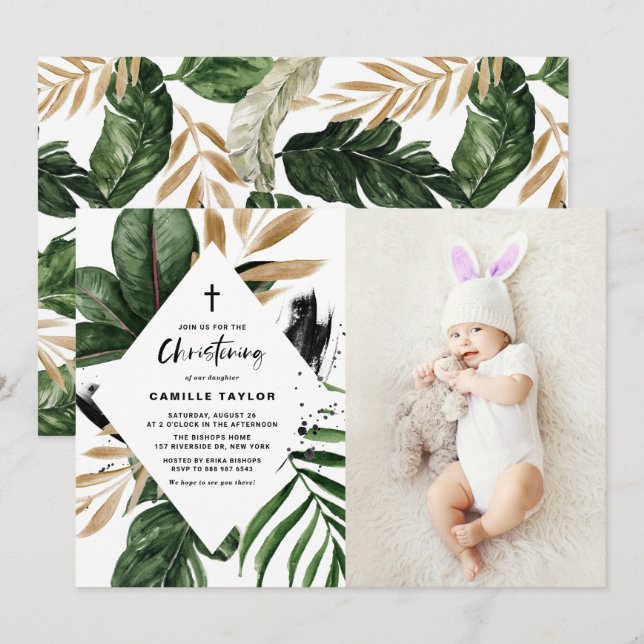Tropical Leaves Gold Foil Frame Photo Christening Invitation (Front/Back)