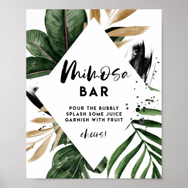 Tropical Leaves Gold Foil Shower Mimosa Bar Sign (Front)