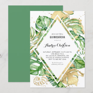 Tropical Leaves Gold Foil Summer Quinceañera Invitation