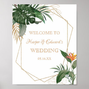Tropical Leaves Gold Frame Watercolor Wedding Poster