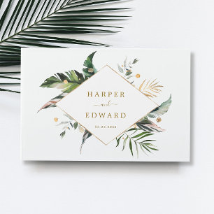 Tropical Leaves Gold Green Wedding Guest Book